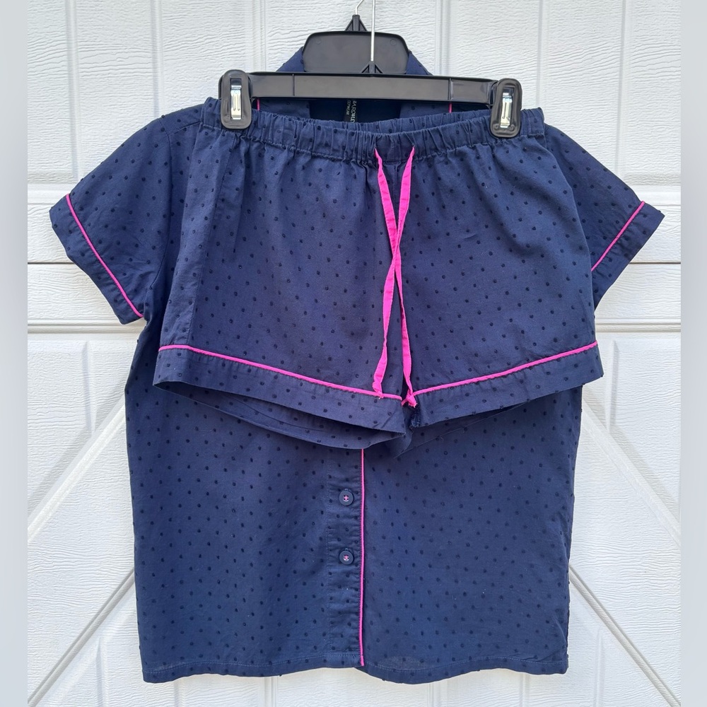 Cynthia Rowley Navy Polka Dot Pajama Set with Pink Trim Size S Cotton